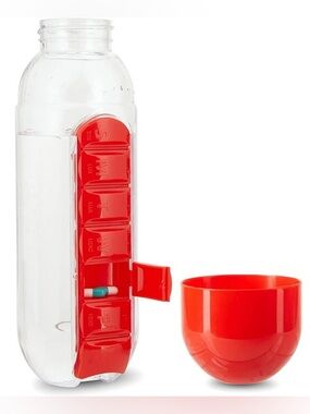 Urban Essentials Clear Pill Bottle with Red Weekly Pill Organizer and Cup 20 oz